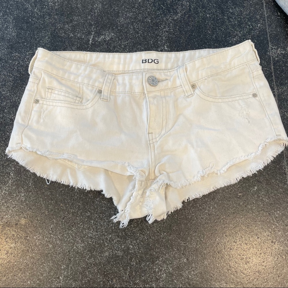BDG White Distressed Low Rise Denim Shorts
